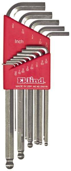 Eklind - 13 Piece L-Key Ball End Hex Key Set - Hex Range 0.05 to 3/8", Alloy Steel - Eagle Tool & Supply