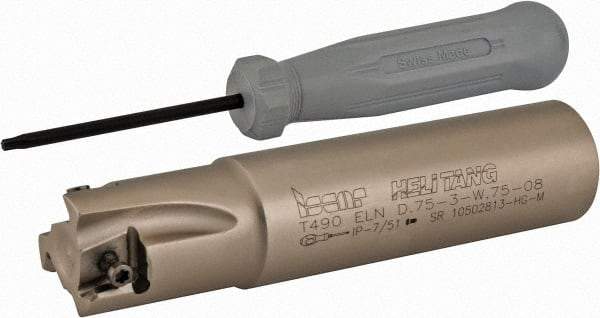 Iscar - 3/4" Cut Diam, 0.315" Max Depth of Cut, 3/4" Shank Diam, 3.38" OAL, Indexable Square Shoulder Helical End Mill - T490 LN.T 0804 Inserts, Weldon Shank, 90° Lead Angle, Series Helitang - Eagle Tool & Supply