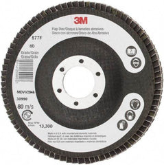 3M - 80 Grit, 4-1/2" Disc Diam, 7/8" Center Hole, Type 29 Zirconia Alumina Flap Disc - 13,300 Max RPM, Cloth Backing, Arbor Attaching System, Coated - Eagle Tool & Supply