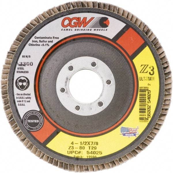 Camel Grinding Wheels - 80 Grit, 4-1/2" Disc Diam, 5/8-11 Center Hole, Type 29 Zirconia Alumina Flap Disc - 13,300 Max RPM, Poly Cotton Backing, Arbor Attaching System, Coated - Eagle Tool & Supply
