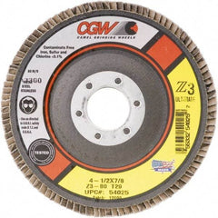 Camel Grinding Wheels - 60 Grit, 4-1/2" Disc Diam, 5/8-11 Center Hole, Type 29 Zirconia Alumina Flap Disc - 13,300 Max RPM, Poly Cotton Backing, Arbor Attaching System, Coated - Eagle Tool & Supply
