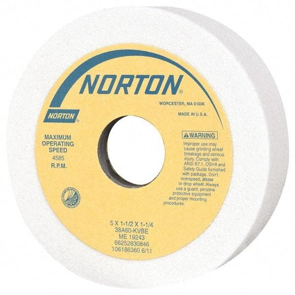 Norton - 5" Diam, 1-1/4" Hole Size, 1-1/2" Overall Thickness, 60 Grit, Type 6 Tool & Cutter Grinding Wheel - Medium Grade, Aluminum Oxide, K Hardness, Vitrified Bond, 4,585 RPM - Eagle Tool & Supply