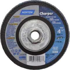 Norton - 80 Grit, 4-1/2" Disc Diam, 5/8-11 Center Hole, Type 29 Zirconia Alumina Flap Disc - 13,000 Max RPM, Fiberglass Backing, Arbor Attaching System, Coated - Eagle Tool & Supply