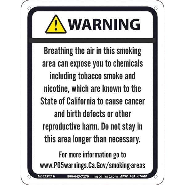 NMC - "WARNING BREATHING THE AIR IN THIS SMOKING AREA CAN EXPOSE YOU TO CHEMICALS\x85", 8-1/2" Long x 11" Wide, Aluminum Safety Sign - Rectangle, 0.04" Thick, Use for Hazardous Materials - Eagle Tool & Supply