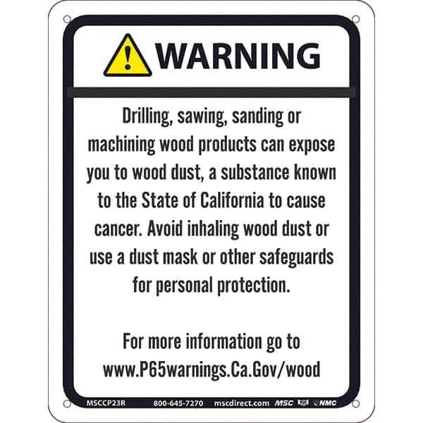 NMC - "WARNING DRILLING, SAWING, SANDING OR MACHINING WOOD PRODUCTS CAN EXPOSE YOU TO WOOD DUST\x85", 8-1/2" Long x 11" Wide, Rigid Plastic Safety Sign - Rectangle, 0.05" Thick, Use for Hazardous Materials - Eagle Tool & Supply