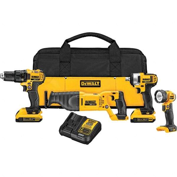 DeWALT - 20 Volt Cordless Tool Combination Kit - Includes 1/2" Drill/Driver, 1/2" Impact Wrench, Reciprocating Saw & Handheld Light, Lithium-Ion Battery Included - Eagle Tool & Supply