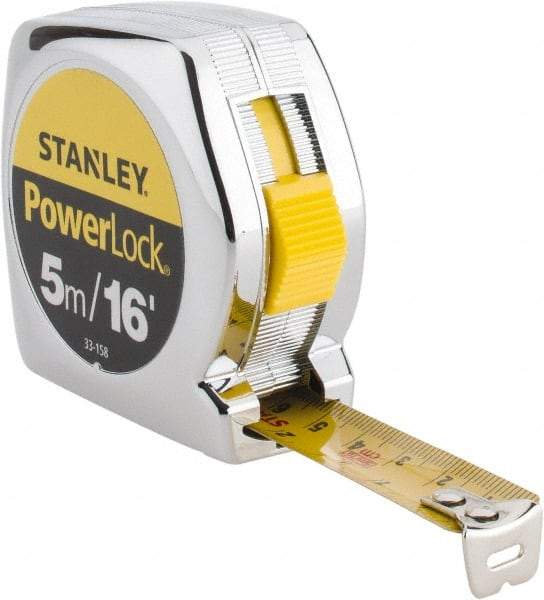 Stanley - 16' x 3/4" Yellow Blade Tape Measure - 1/32 & 1/16" & 1mm Graduation, Inch/Metric Graduation Style, Silver Case - Eagle Tool & Supply