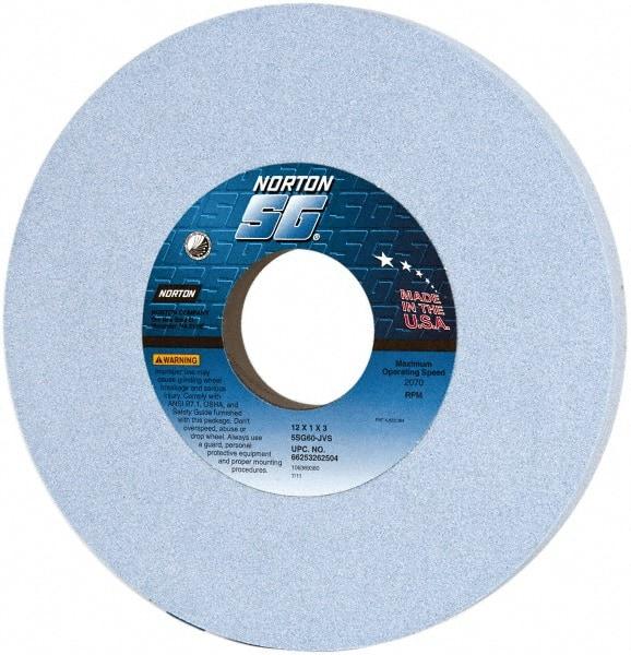 Norton - 12" Diam x 3" Hole x 1" Thick, J Hardness, 60 Grit Surface Grinding Wheel - Ceramic, Type 1, Medium Grade, 2,070 Max RPM, Vitrified Bond, No Recess - Eagle Tool & Supply