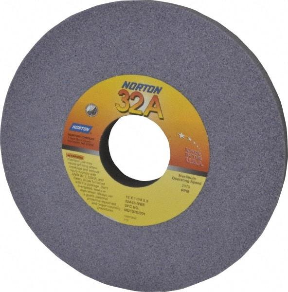 Norton - 12" Diam x 3" Hole x 1-1/4" Thick, I Hardness, 46 Grit Surface Grinding Wheel - Aluminum Oxide, Type 1, Coarse Grade, 2,070 Max RPM, Vitrified Bond, No Recess - Eagle Tool & Supply