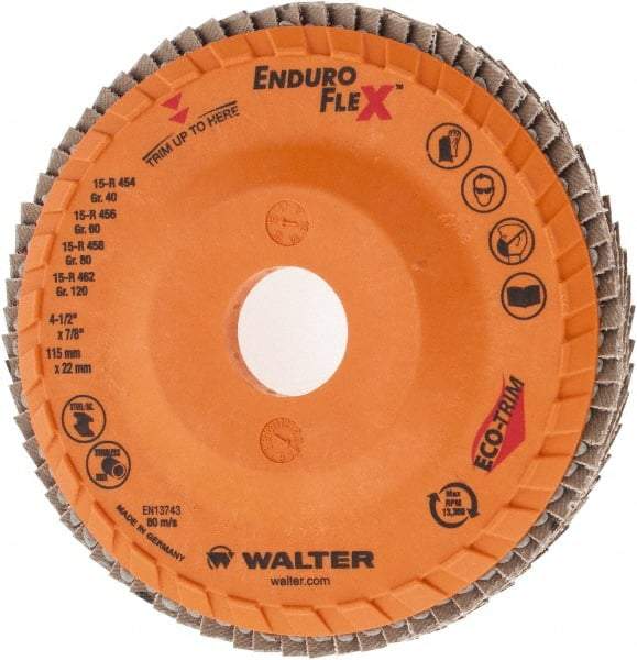 WALTER Surface Technologies - 40 Grit, 4-1/2" Disc Diam, 7/8" Center Hole, Zirconia Alumina Flap Disc - 13,300 Max RPM, Plastic Backing, Arbor Attaching System, Coated - Eagle Tool & Supply