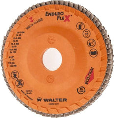 WALTER Surface Technologies - 40 Grit, 4-1/2" Disc Diam, 7/8" Center Hole, Zirconia Alumina Flap Disc - 13,300 Max RPM, Plastic Backing, Arbor Attaching System, Coated - Eagle Tool & Supply