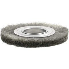 Brush Research Mfg. - 4" OD, 1/2 & 5/8" Arbor Hole, Crimped Stainless Steel Wheel Brush - 3/8" Face Width, 7/8" Trim Length, 6,000 RPM - Eagle Tool & Supply