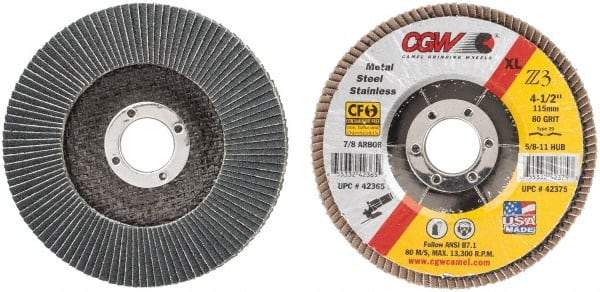 Camel Grinding Wheels - 80 Grit, 4-1/2" Disc Diam, 7/8" Center Hole, Type 29 Zirconia Alumina Flap Disc - 13,300 Max RPM, Poly Cotton Backing, Arbor Attaching System, Coated - Eagle Tool & Supply