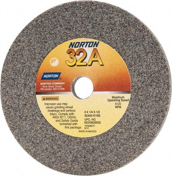 Norton - 60 Grit Aluminum Oxide Type 1 Internal Grinding Wheel - 4" Diam x 1/2" Hole x 1/4" Thick, 8,120 Max RPM, Type 1 Medium Grade, K Hardness, Vitrified Bond - Eagle Tool & Supply