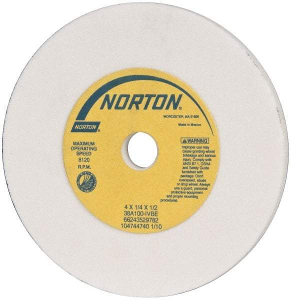 Norton - 100 Grit Aluminum Oxide Type 1 Internal Grinding Wheel - 4" Diam x 1/2" Hole x 1/4" Thick, 8,120 Max RPM, Type 1 Fine Grade, I Hardness, Vitrified Bond, No Recess - Eagle Tool & Supply
