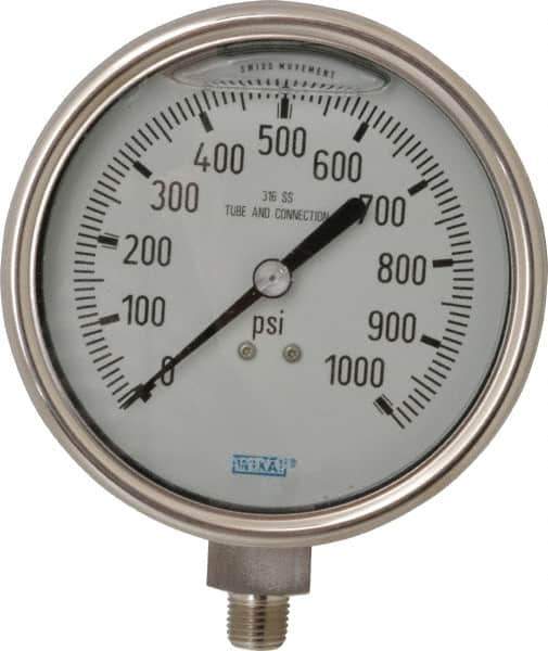 Wika - 4" Dial, 1/4 Thread, 0-1,000 Scale Range, Pressure Gauge - Lower Connection Mount, Accurate to 1% of Scale - Eagle Tool & Supply