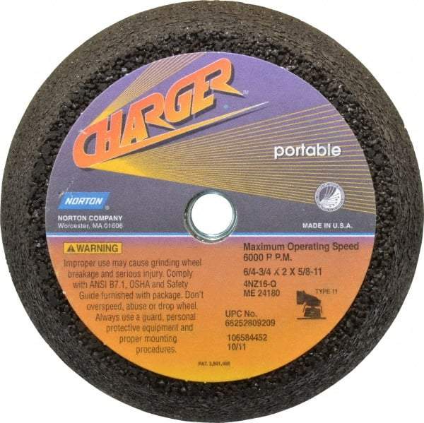Norton - 6" Diam, 2" Overall Thickness, 16 Grit, Type 11 Tool & Cutter Grinding Wheel - Very Coarse Grade, Zirconia Alumina, Q Hardness, 6,000 RPM - Eagle Tool & Supply