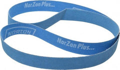 Norton - 1" Wide x 42" OAL, 80 Grit, Zirconia Alumina Abrasive Belt - Zirconia Alumina, Medium, Coated, X Weighted Cloth Backing, Series R823 - Eagle Tool & Supply