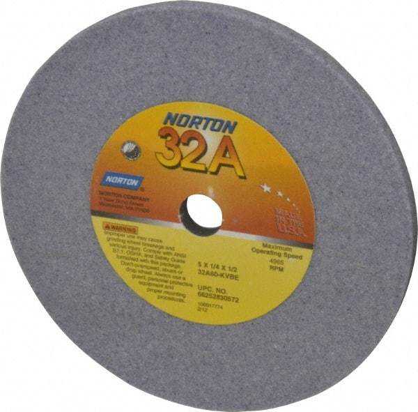 Norton - 60 Grit Aluminum Oxide Type 1 Internal Grinding Wheel - 5" Diam x 1/2" Hole x 1/4" Thick, 4965 Max RPM, Type 1 Medium Grade, K Hardness, Vitrified Bond, No Recess - Eagle Tool & Supply