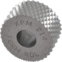 Value Collection - 3/4" Diam, 90° Tooth Angle, 14 TPI, Standard (Shape), Form Type High Speed Steel Male Diamond Knurl Wheel - 3/8" Face Width, 1/4" Hole, Circular Pitch, 30° Helix, Bright Finish, Series KP - Exact Industrial Supply