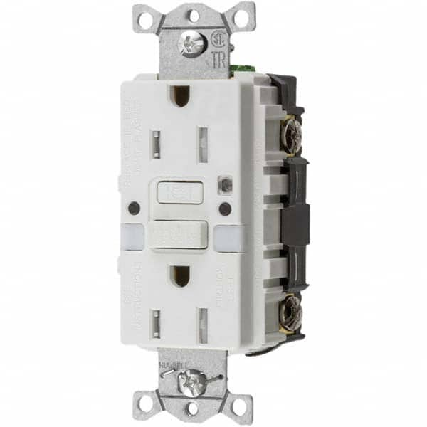 GFCI Receptacles; Grade: Commercial; Color: White; NEMA Configuration: 5-15R; Amperage: 15; Reset Type: Manual; Voltage: 125 VAC; Wiring Method: Side; Back; Body Material: Thermoplastic Nylon; Flange Style: No Flange; Flange Included: No; Amperage: 15 A;