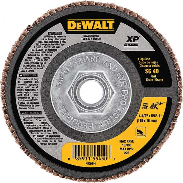 DeWALT - 4-1/2" 40 Grit 5/8-11 Center Hole Type 27 Ceramic Flap Disc - Eagle Tool & Supply