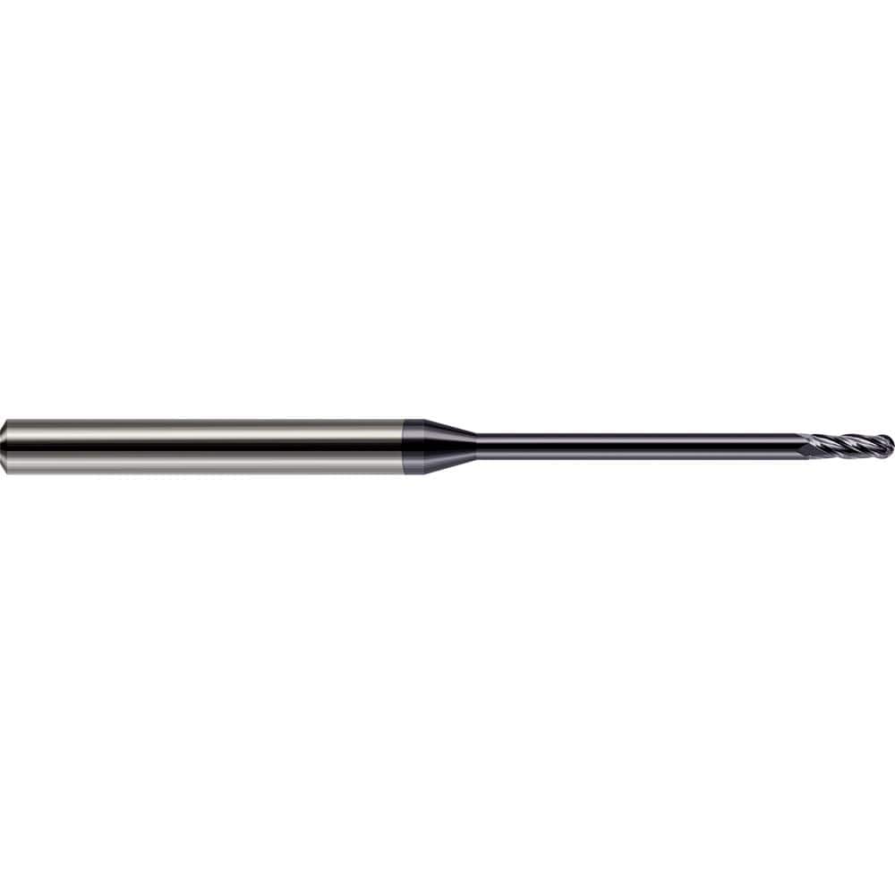 Ball End Mill: 0.093″ Dia, 0.279″ LOC, 4 Flute, Solid Carbide 2-1/2″ OAL, 1/8″ Shank Dia, 30 ° Helix, AlTiN Coated, Single End