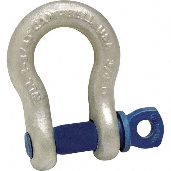 Campbell - 3/4" Nominal Chain Size, 4.38 Ton Carbon Steel Screw Anchor Shackle - 7/8" Pin Diam, 1-1/4" Wide Inside Jaw, 1-13/16" Inside Width, 1-3/4" Max Body Thickness - Eagle Tool & Supply