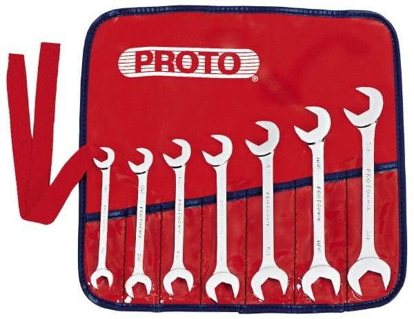 Proto - 7 Piece, 3/8" to 7/8", Open End Wrench Set - Inch Measurement Standard, Full Polish Finish, Comes in Nylon Roll - Eagle Tool & Supply