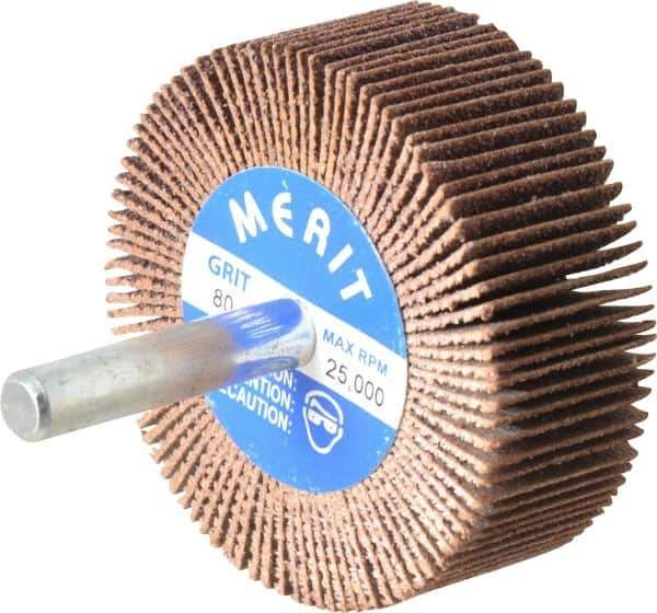 Merit Abrasives - 2" Diam x 3/4" Face Width, Medium Ceramic Alumina Coated Mounted Flap Wheel - 1/4" Shank Mount, 80 Grit, Cloth Backing, 25,000 Max RPM - Eagle Tool & Supply