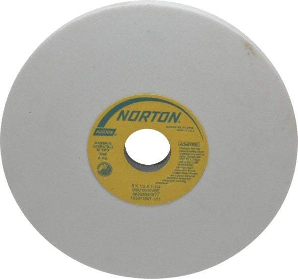 Norton - 8" Diam x 1-1/4" Hole x 1/2" Thick, K Hardness, 100 Grit Surface Grinding Wheel - Aluminum Oxide, Type 1, Fine Grade, 3,600 Max RPM, Vitrified Bond, No Recess - Eagle Tool & Supply
