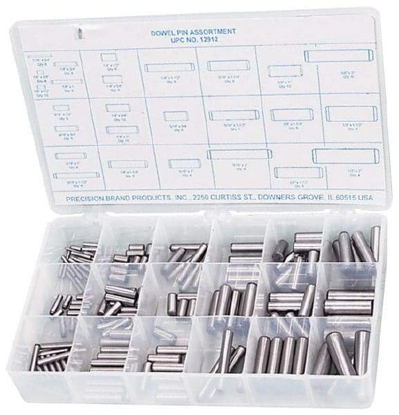 Precision Brand - 176 Piece, 1/16 to 1/2" Pin Diam, Dowel Pin Assortment - 1/2 to 2" Long, Steel, Uncoated - Eagle Tool & Supply