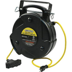 Reelcraft - 12 AWG, 65' Cable Length, Cord & Cable Reel with Quad Outlet End - 4 Outlets, NEMA 4, 15 Amps, 125 Volts, SJTW Cable, Black Reel - Eagle Tool & Supply