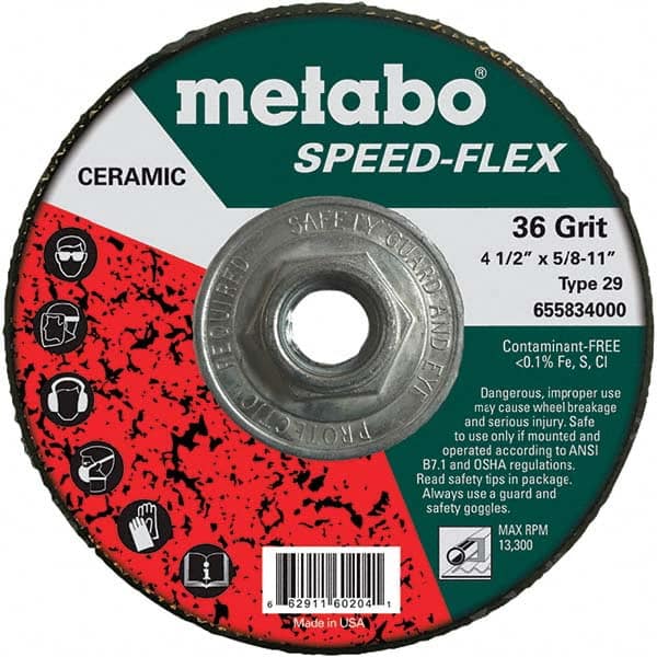 Metabo - 4-1/2" Diam, 5/8-11 Hole, 36 Grit Ceramic Alumina Fiber Disc - Eagle Tool & Supply