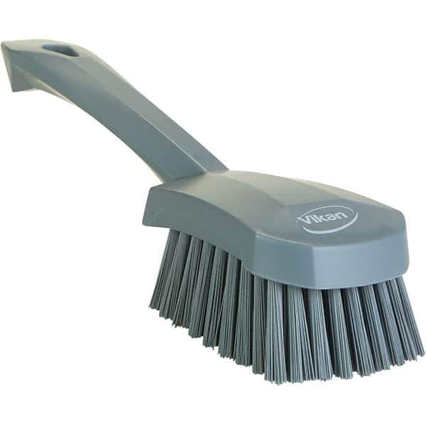 Vikan - 1.3" Bristle Length, Polyester Scrub Brush - 4-1/4" Long x 2-3/4" Wide Head, 10" OAL, Ergonomic Handle, Gray, Polypropylene Block - Eagle Tool & Supply