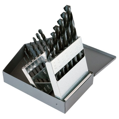 ‎1/16-1/2 RHS / RHC HSS 118 Degree Radial Point 3/8″ Reduced Shank General Purpose Jobber Length Drill Set - Steam Oxide - Exact Industrial Supply