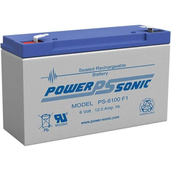 Power-Sonic - Lead-Acid, Quick-Disconnect Tab Terminal, 6 Volt, 12 Amp, Lead Rechargeable Battery - 1/4" Tab Width x 0.8mm Tab Thickness, 2" Wide x 3.7" High x 5.95" Deep - Eagle Tool & Supply