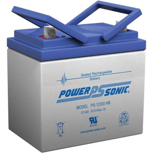 Power-Sonic - Lead-Acid, Nut/Bolt Terminal, 12 Volt, 33 Amp, Lead Rechargeable Battery - 6mm Hole Diam, 6mm Tab Thickness, 5.14" Wide x 6.22" High x 7.72" Deep - Eagle Tool & Supply