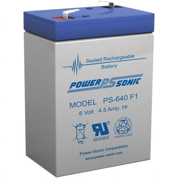 Power-Sonic - Lead-Acid, Quick-Disconnect Tab Terminal, 6 Volt, 4.5 Amp, Lead Rechargeable Battery - 3/16" Tab Width x 0.8mm Tab Thickness, 1.86" Wide x 3.94" High x 2.76" Deep - Eagle Tool & Supply
