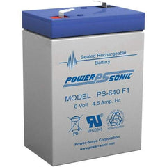 Power-Sonic - Lead-Acid, Quick-Disconnect Tab Terminal, 6 Volt, 4.5 Amp, Lead Rechargeable Battery - 3/16" Tab Width x 0.8mm Tab Thickness, 1.86" Wide x 3.94" High x 2.76" Deep - Eagle Tool & Supply