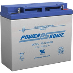 Power-Sonic - Lead-Acid, Nut/Bolt Terminal, 12 Volt, 18 Amp, Lead Rechargeable Battery - 5mm Hole Diam, 2mm Tab Thickness, 3" Wide x 6.59" High x 7.13" Deep - Eagle Tool & Supply