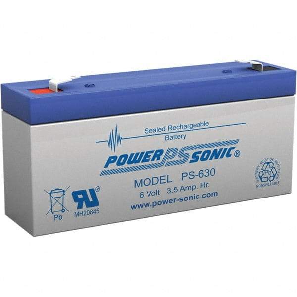 Power-Sonic - Lead-Acid, Quick-Disconnect Tab Terminal, 6 Volt, 3.5 Amp, Lead Rechargeable Battery - 3/16" Tab Width x 0.8mm Tab Thickness, 1.34" Wide x 2.35" High x 5.28" Deep - Eagle Tool & Supply