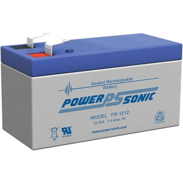 Power-Sonic - Lead-Acid, Quick-Disconnect Tab Terminal, 12 Volt, 1.4 Amp, Lead Rechargeable Battery - 3/16" Tab Width x 0.8mm Tab Thickness, 1.69" Wide x 2.04" High x 3.78" Deep - Eagle Tool & Supply
