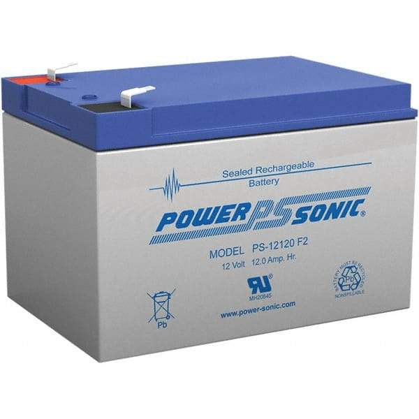 Power-Sonic - Lead-Acid, Quick-Disconnect Tab Terminal, 12 Volt, 12 Amp, Lead Rechargeable Battery - 1/4" Tab Width x 0.8mm Tab Thickness, 3.86" Wide x 3.7" High x 5.95" Deep - Eagle Tool & Supply