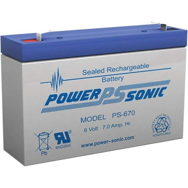 Power-Sonic - Lead-Acid, Quick-Disconnect Tab Terminal, 6 Volt, 7 Amp, Lead Rechargeable Battery - 3/16" Tab Width x 0.8mm Tab Thickness, 1.34" Wide x 3.7" High x 5.95" Deep - Eagle Tool & Supply