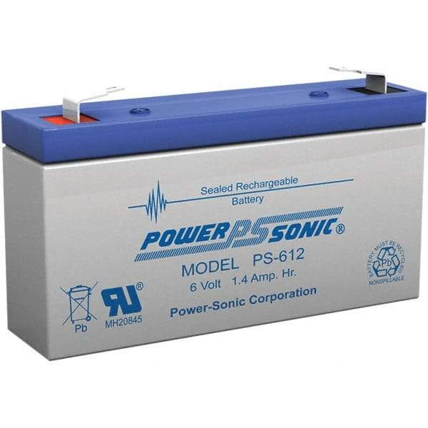 Power-Sonic - Lead-Acid, Quick-Disconnect Tab Terminal, 6 Volt, 1.4 Amp, Lead Rechargeable Battery - 3/16" Tab Width x 0.8mm Tab Thickness, 0.94" Wide x 2" High x 3.82" Deep - Eagle Tool & Supply