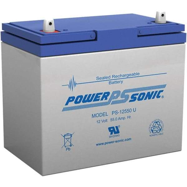 Power-Sonic - Lead-Acid, Nut/Bolt Terminal, 12 Volt, 55 Amp, Lead Rechargeable Battery - 6mm Hole Diam, 13mm Tab Thickness, 5.45" Wide x 8.15" High x 9.04" Deep - Eagle Tool & Supply