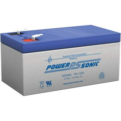 Power-Sonic - Lead-Acid, Quick-Disconnect Tab Terminal, 12 Volt, 3.4 Amp, Lead Rechargeable Battery - 3/16" Tab Width x 0.8mm Tab Thickness, 2.64" Wide x 2.36" High x 5.24" Deep - Eagle Tool & Supply