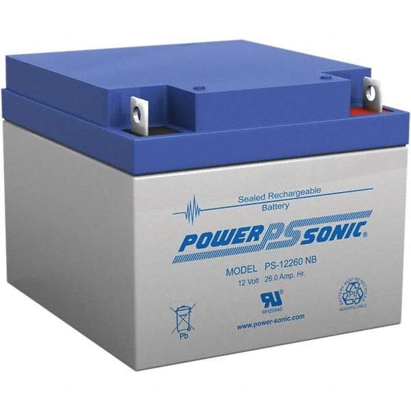 Power-Sonic - Lead-Acid, Nut/Bolt Terminal, 12 Volt, 26 Amp, Lead Rechargeable Battery - 5mm Hole Diam, 2mm Tab Thickness, 6.97" Wide x 4.92" High x 6.56" Deep - Eagle Tool & Supply