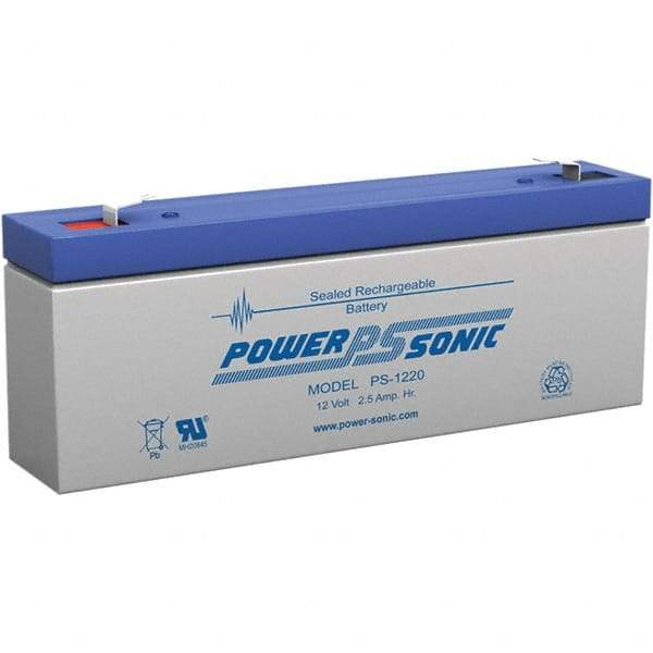 Power-Sonic - Lead-Acid, Quick-Disconnect Tab Terminal, 12 Volt, 2.5 Amp, Lead Rechargeable Battery - 3/16" Tab Width x 0.8mm Tab Thickness, 1.38" Wide x 2.36" High x 7" Deep - Eagle Tool & Supply